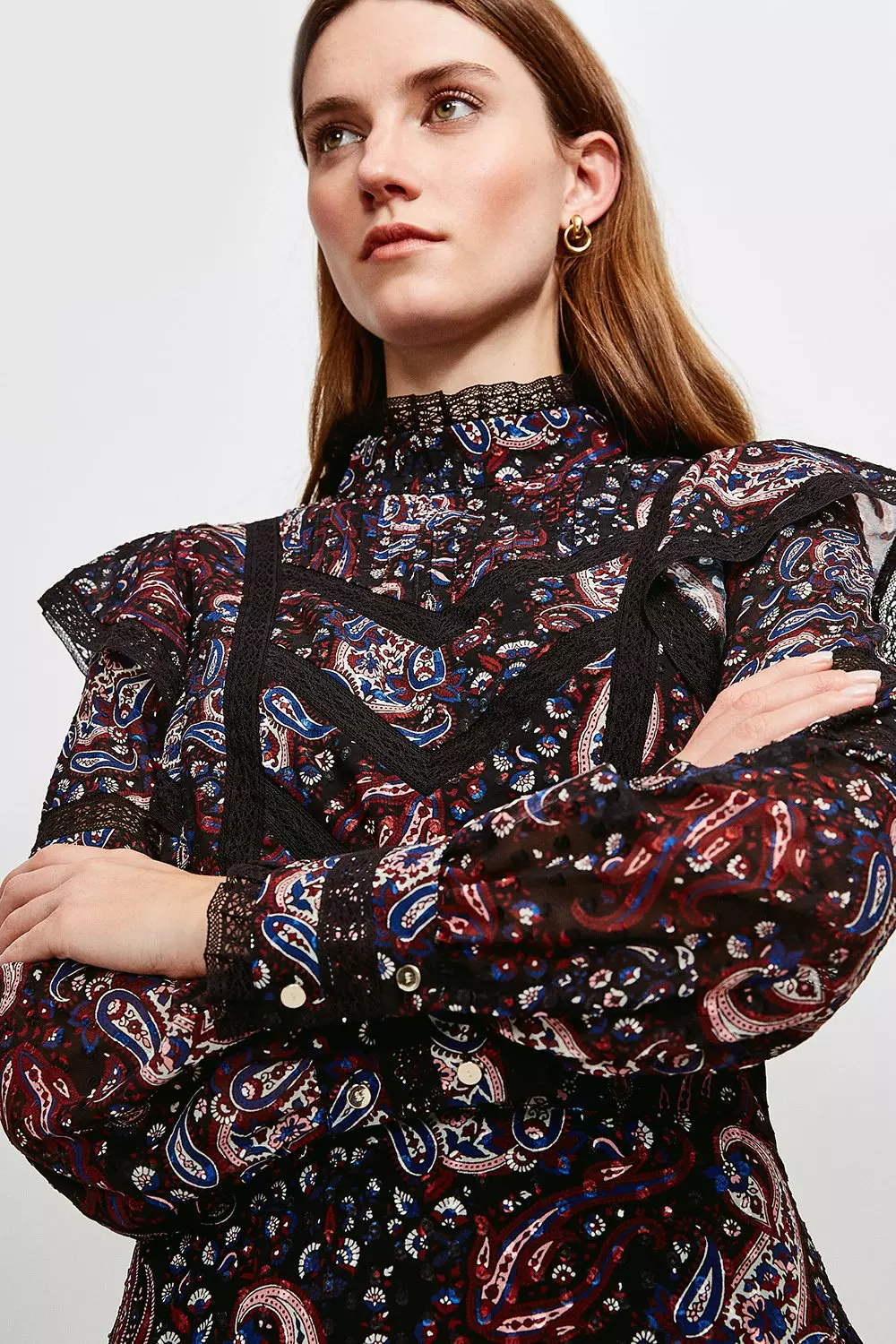 Textured Paisley Print Lace Detail Dress | Karen Millen