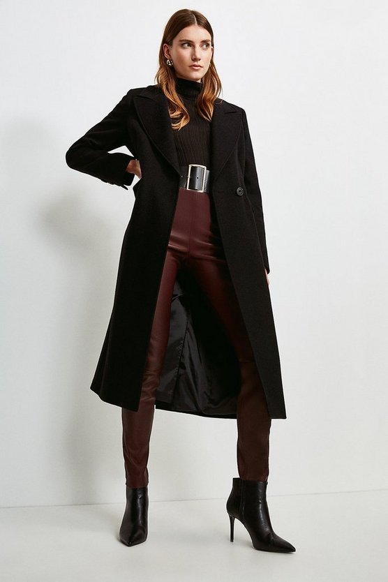 Wool Rich Faux Leather Belt Coat | Karen Millen