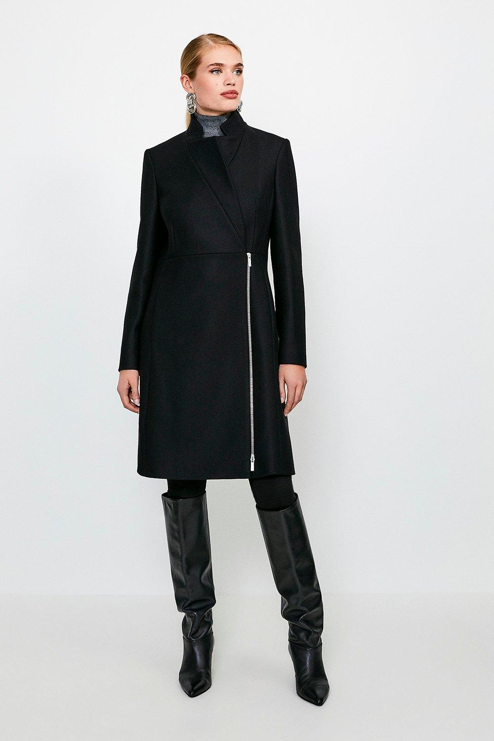 Italian Wool Blend Notch Neck Zip Front Coat | Karen Millen