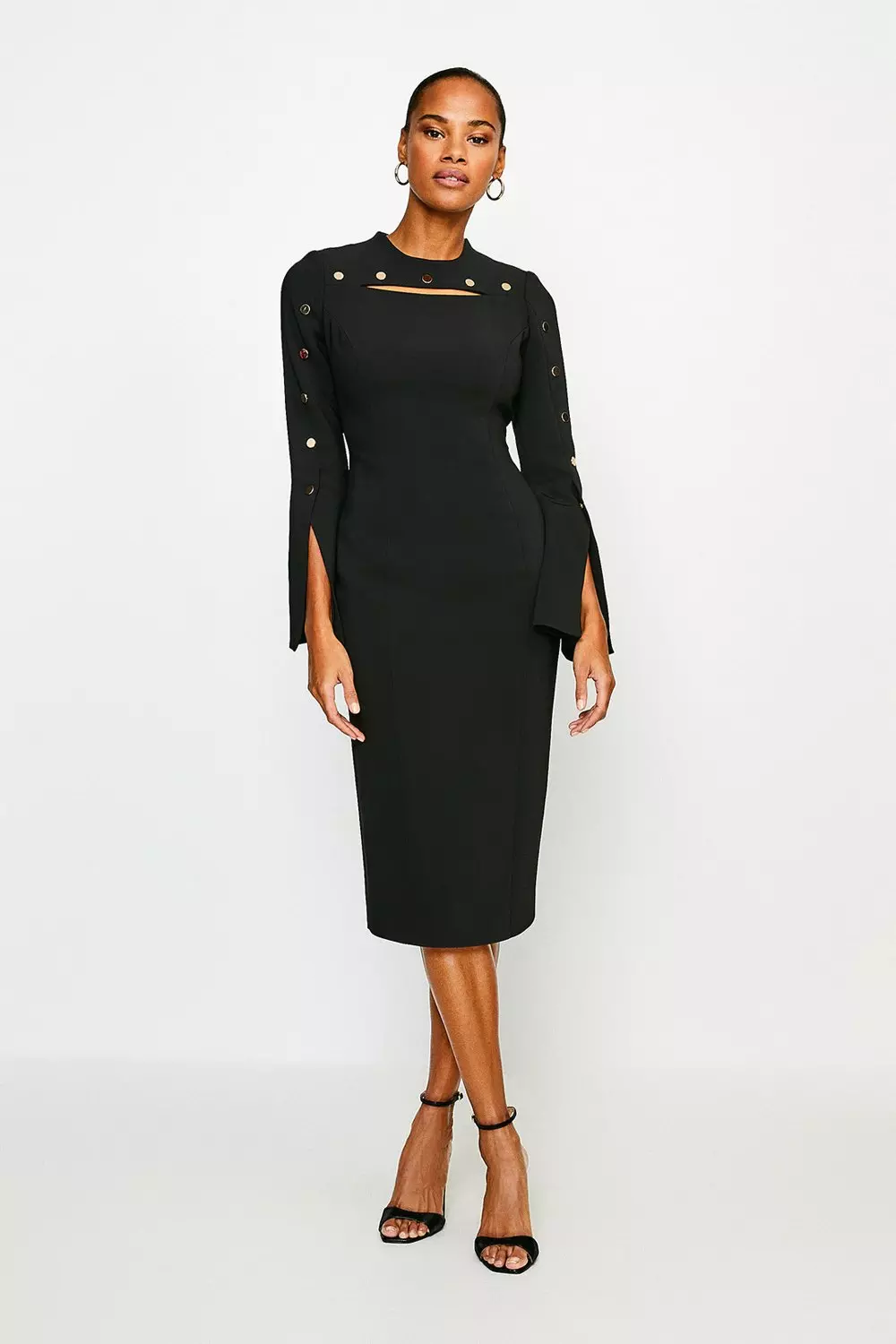 Stud Detail Split Sleeve Pencil Midi Dress, 41% OFF