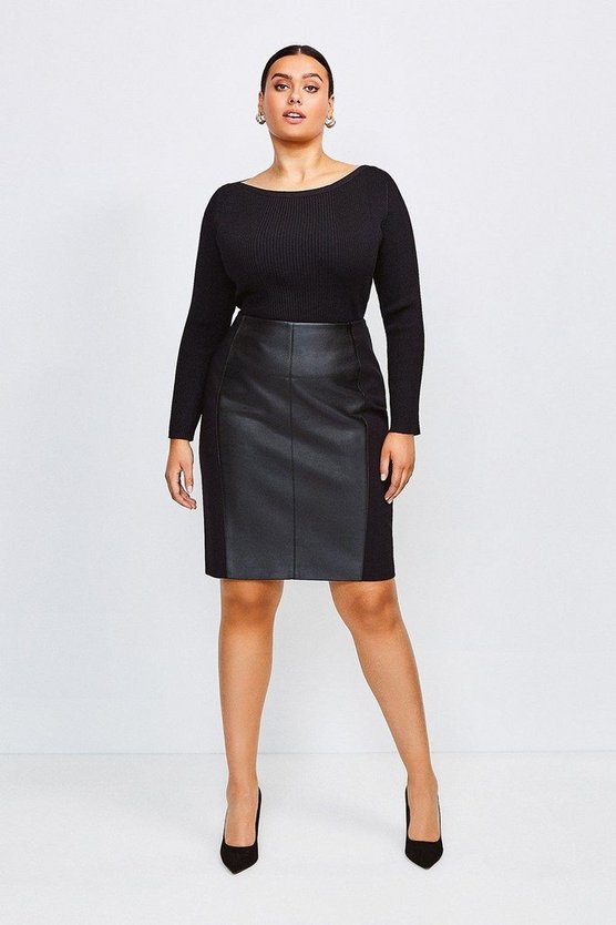 Curve Faux Leather Ponte Panelled Skirt | Karen Millen