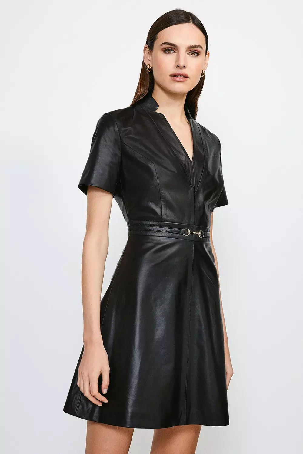 Leather Snaffle Trim A-Line Dress | Karen Millen
