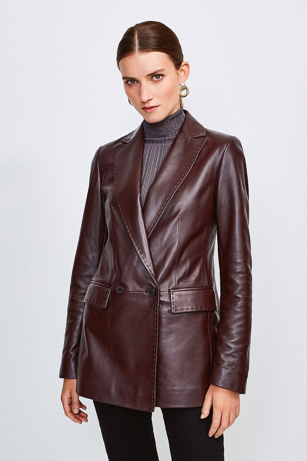 Leather Fitted Double Breasted Jacket | Karen Millen