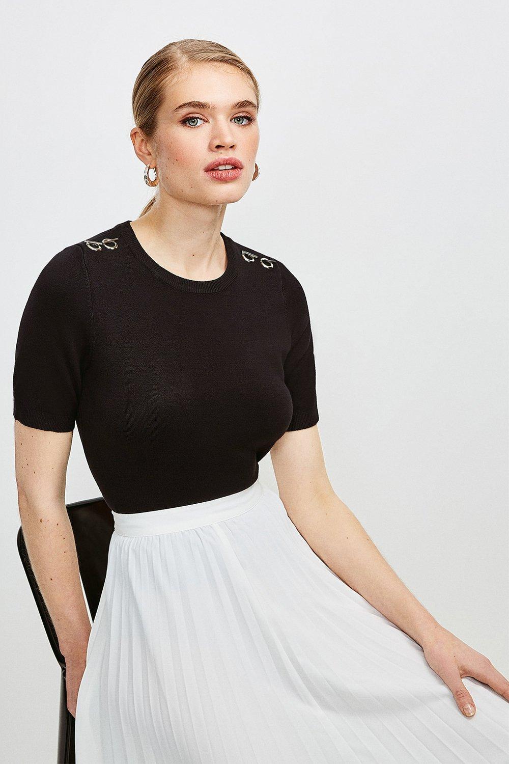 Short Sleeve Trim Detail Knitted Top | Karen Millen