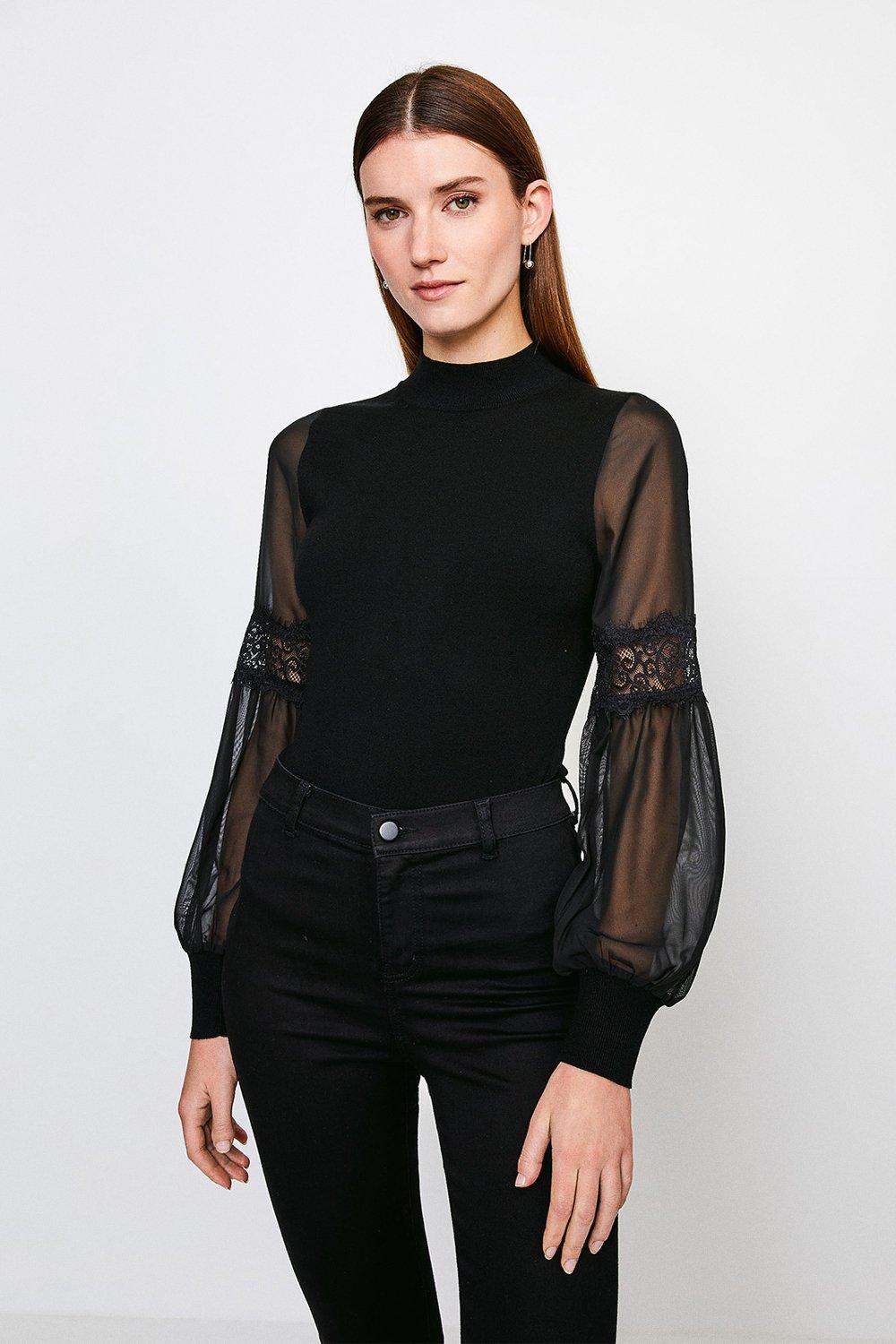 Sheer Sleeve Lace Knitted Top | Karen Millen