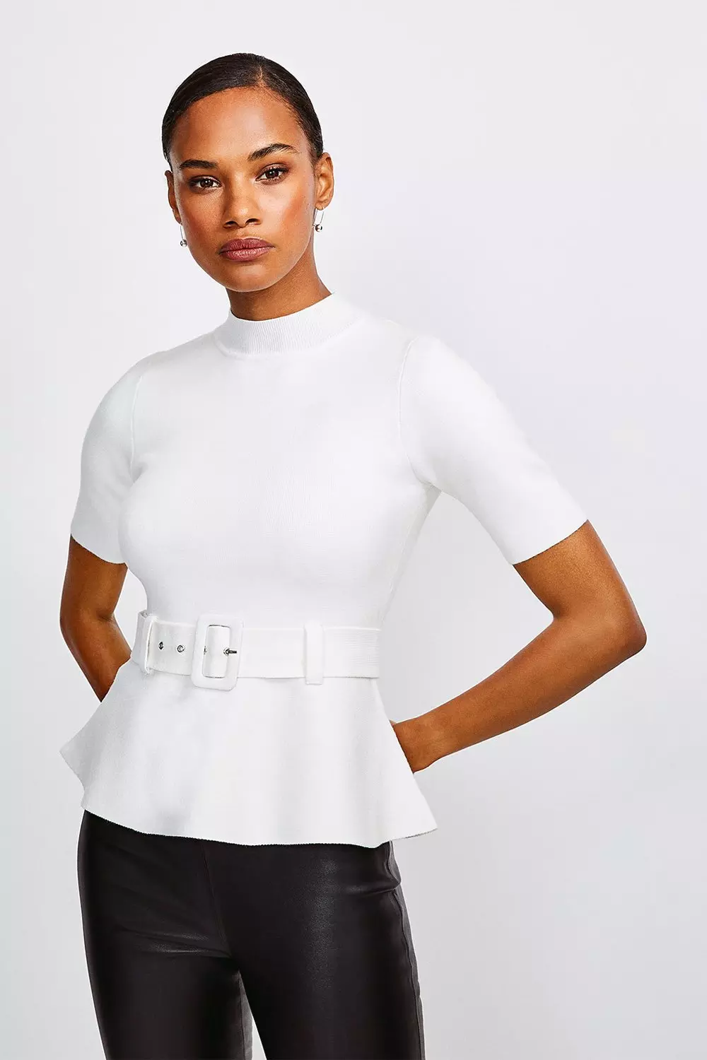 Trimmed Waist Peplum Bandage Knit Detail Top | Karen Millen