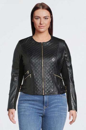 Black Plus Size Leather Quilted Jacket
