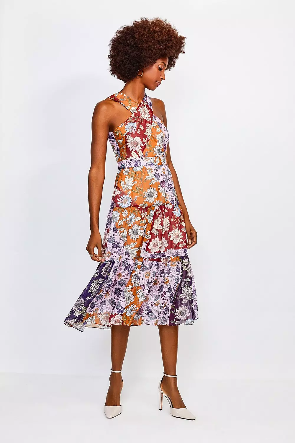 Floral Halter Midi Dress With Cross Front | Karen Millen