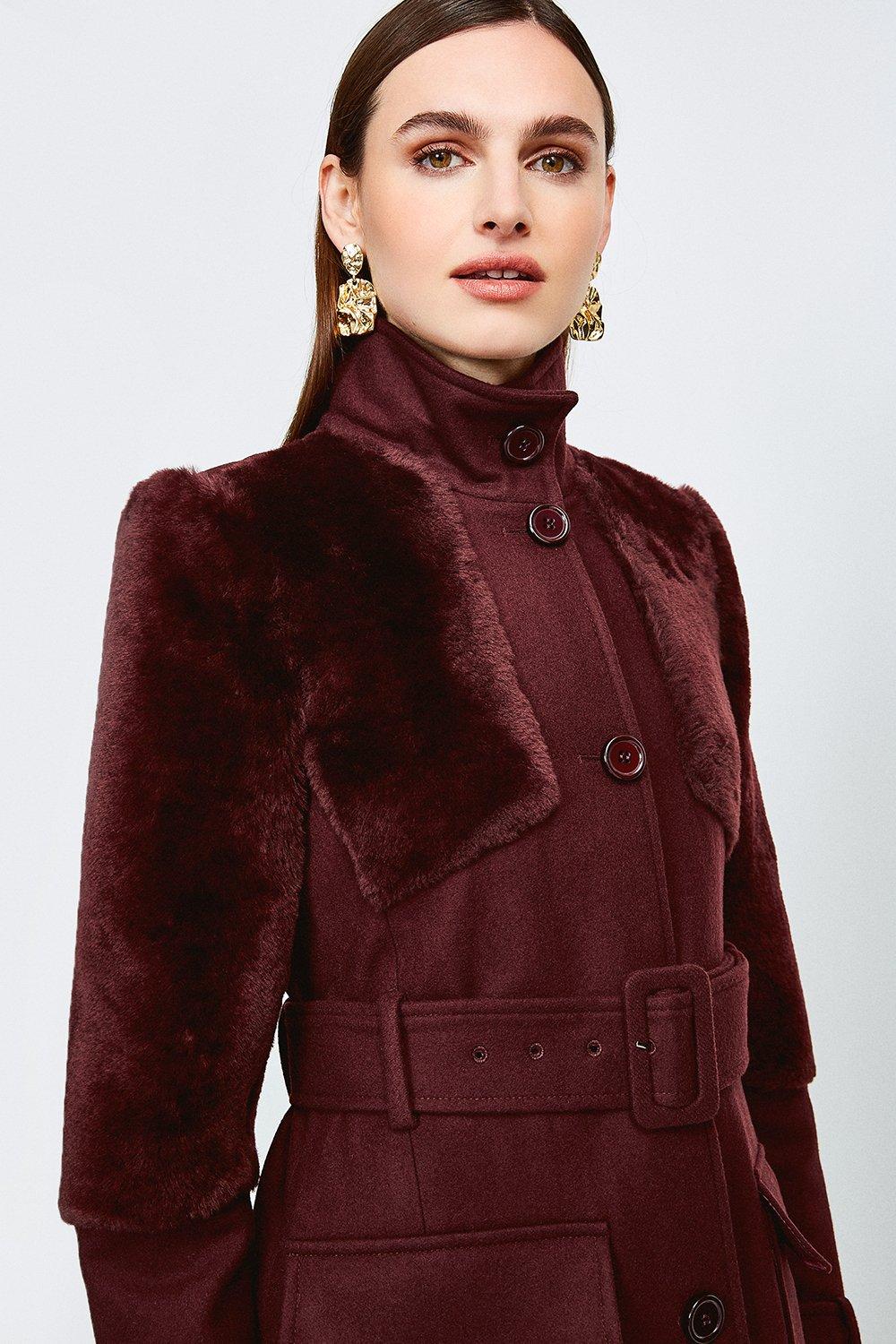 Sheepskin Panelled Belted Coat Karen Millen