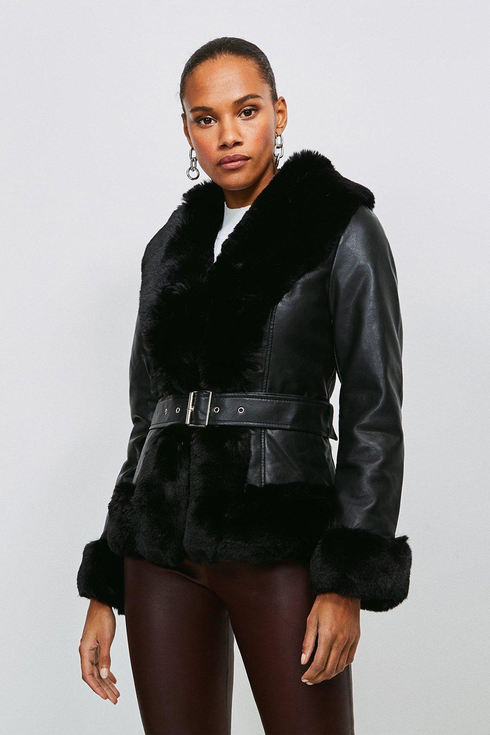 Faux Leather Jacket With Faux Fur Trim Short