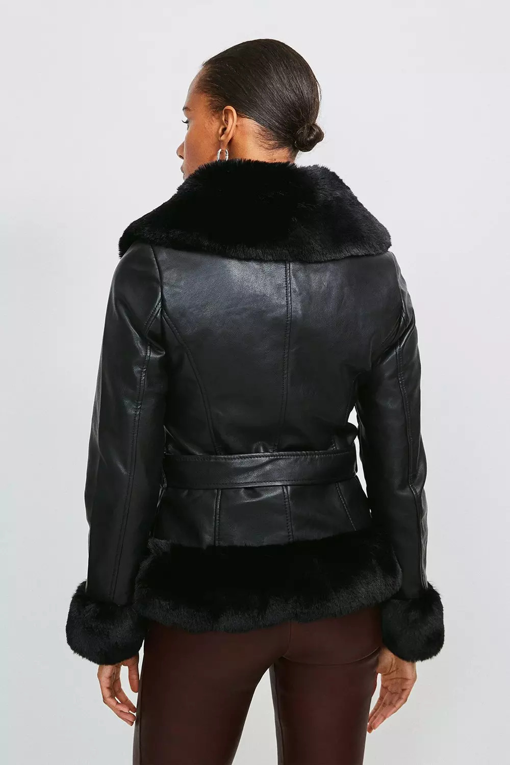 Faux Fur Trim Faux Leather Jacket | Karen Millen