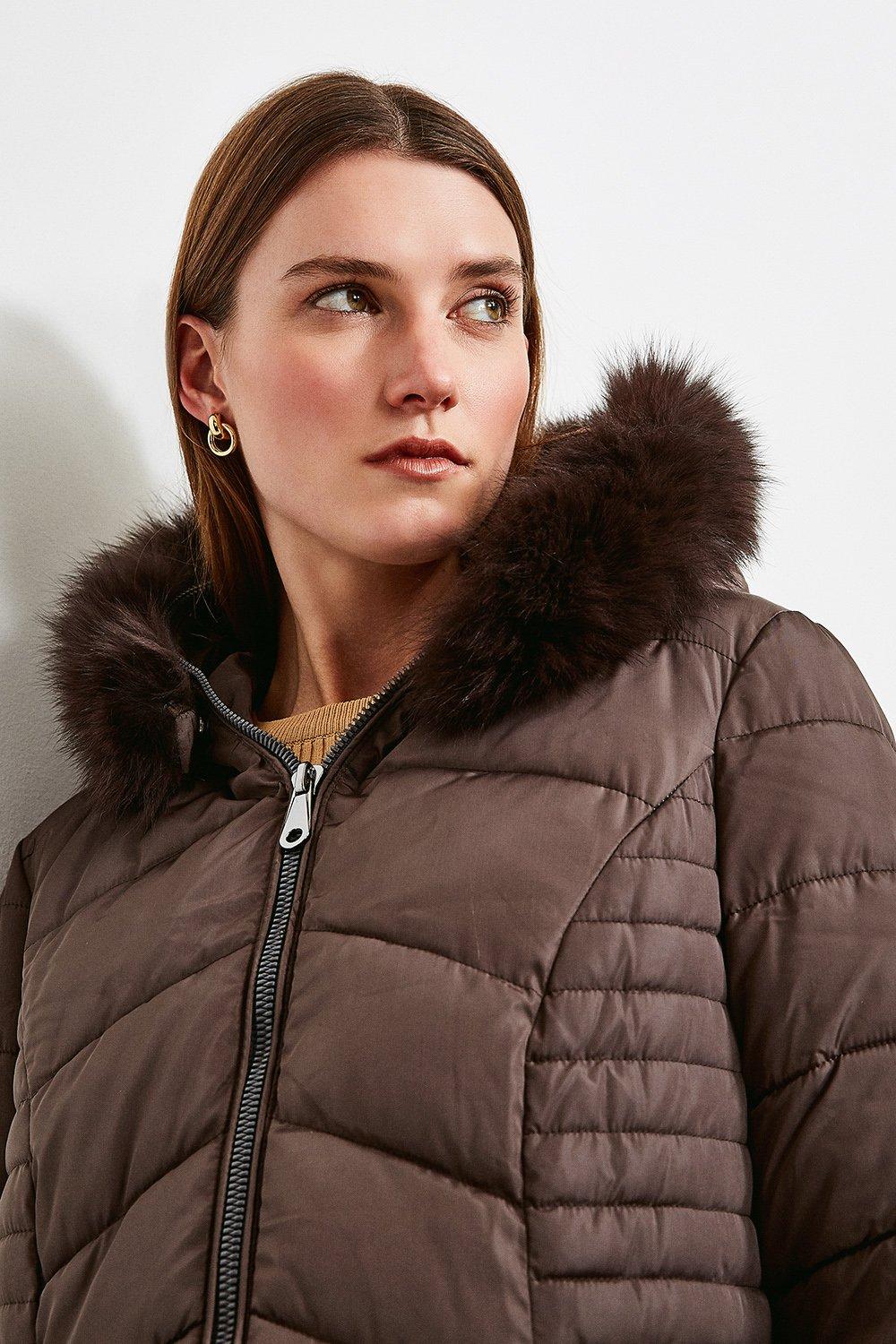 brown padded coat with fur hood