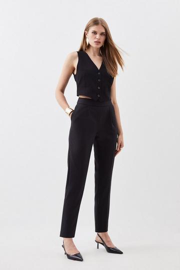 Black Compact Stretch High Waist Tailored Trousers