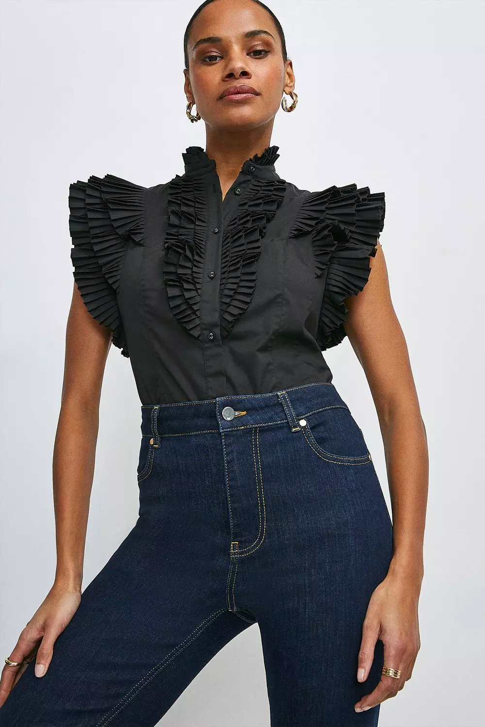 7 for All Mankind Silk Sleeveless Ruffle Blouse in Black