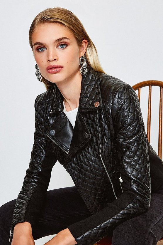 Leather Quilted And Knit Panel Biker Jacket | Karen Millen