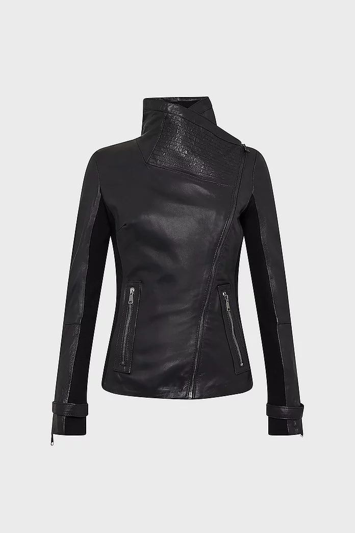 Leather and Knit Envelope Neck Biker Jacket | Karen Millen