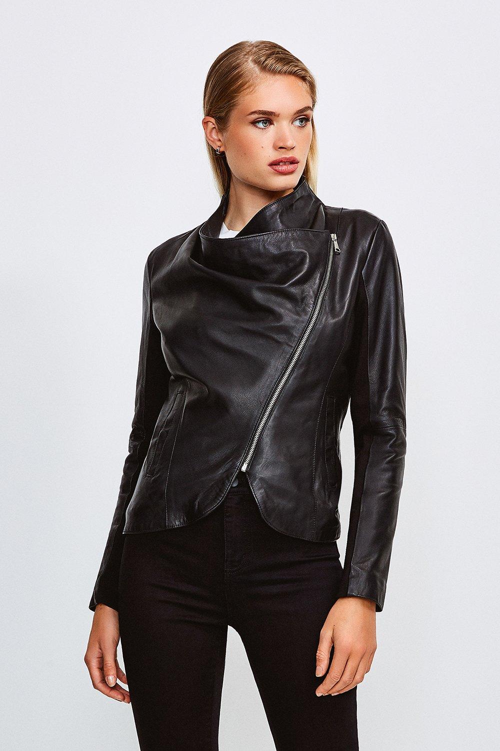 Leather and Ponte Envelope Neck Biker Jacket | Karen Millen