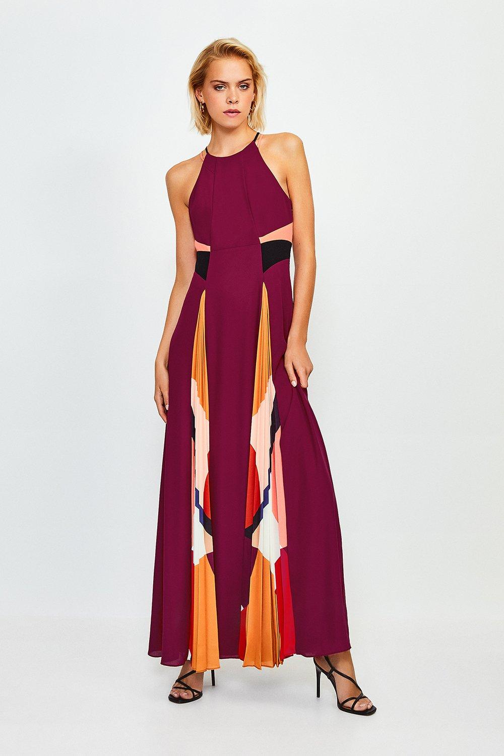 Colourblock Pleat Halter Dress | Karen Millen
