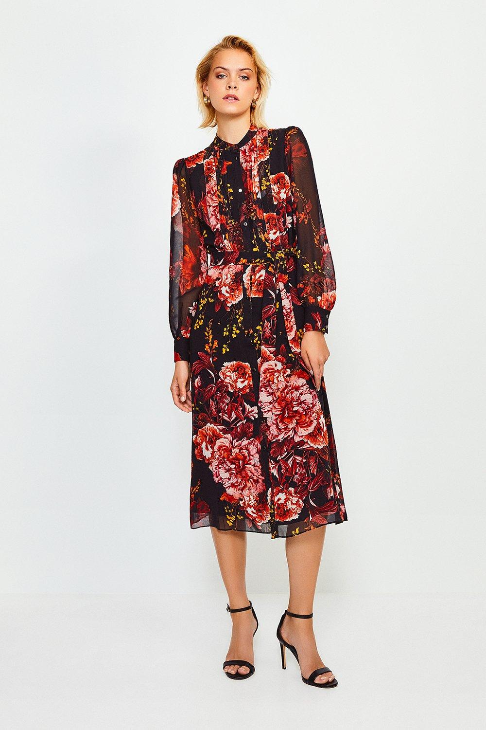 Long Sleeve Floral Print Midi Dress | Karen Millen