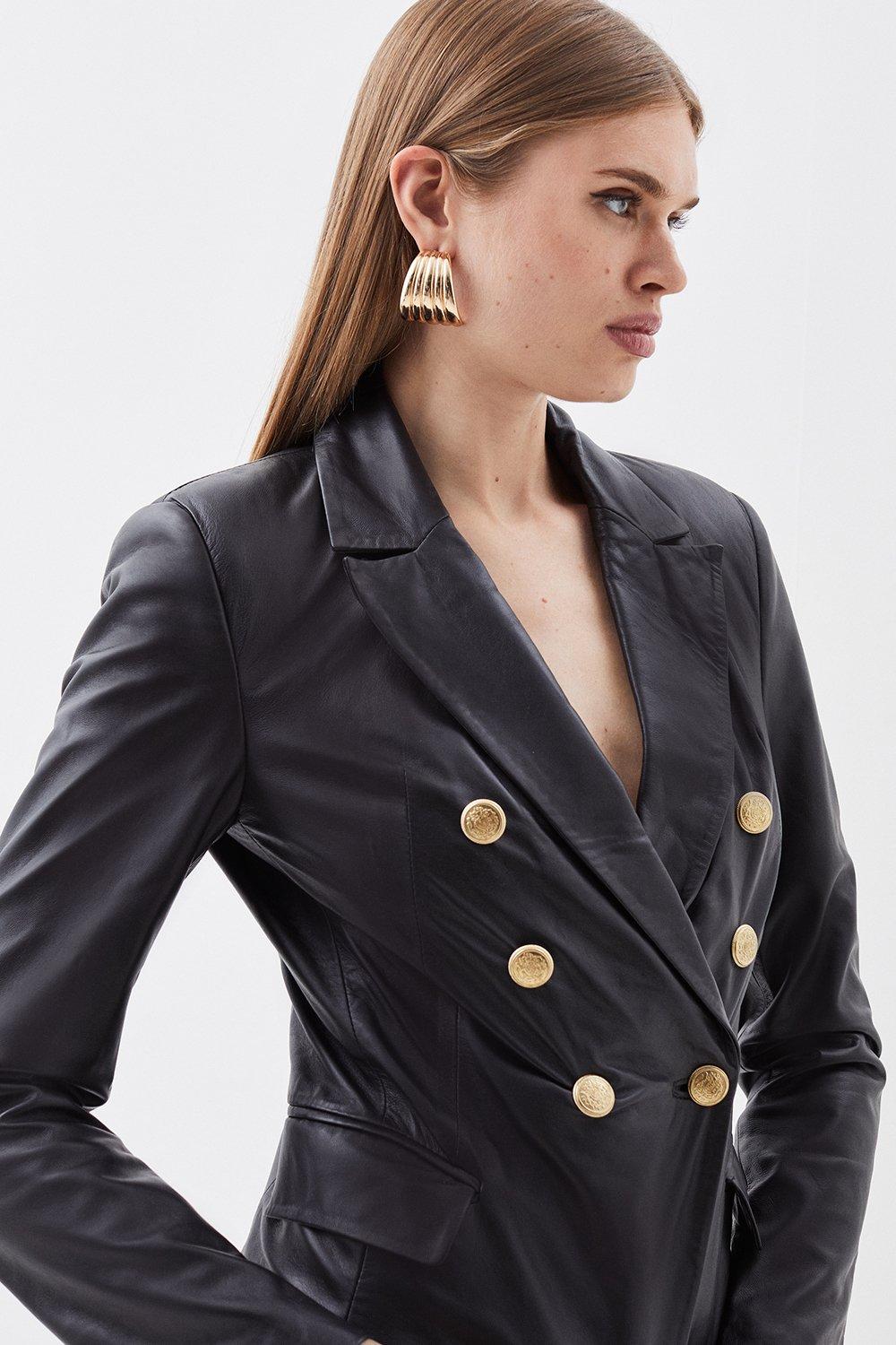 Womens Clothing Jackets Blazers sport coats and suit jackets Boohoo Faux Leather Gold Button Blazer in Black 