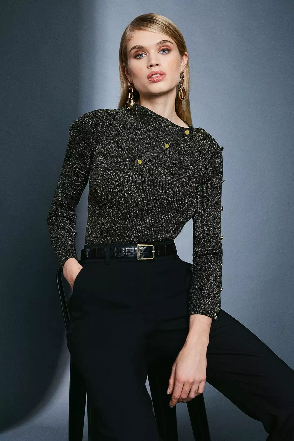 Sparkle Knit Rib Button Envelope Neck Sweater