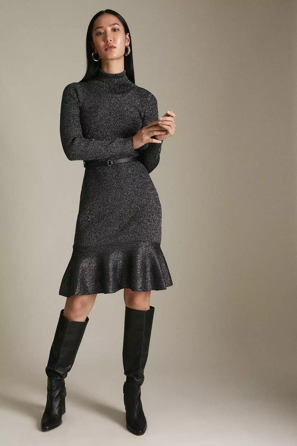 Sparkle Knit Rib Belted Flippy Hem Dress