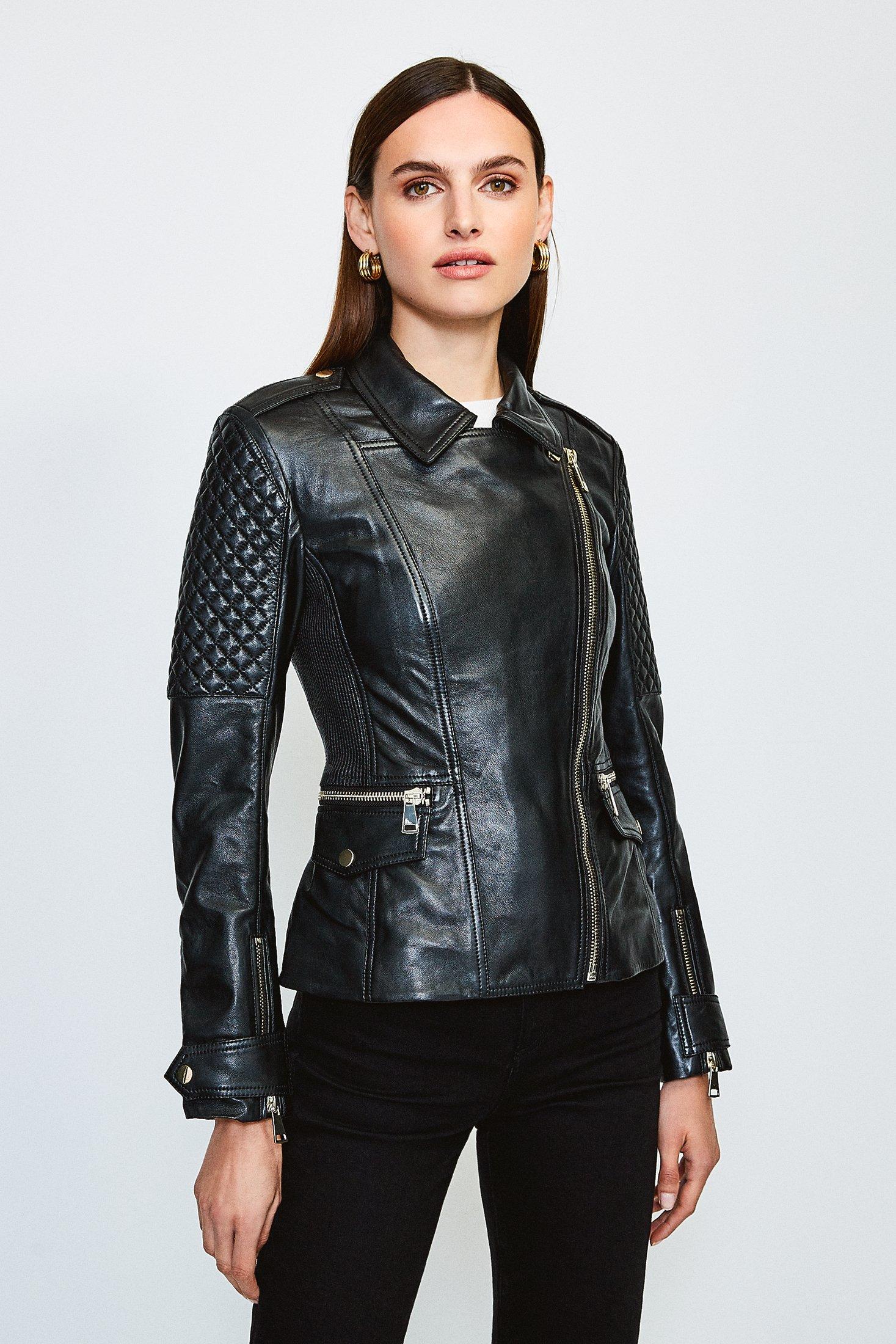 Chunky Zip Quilted Leather Biker Jacket | Karen Millen