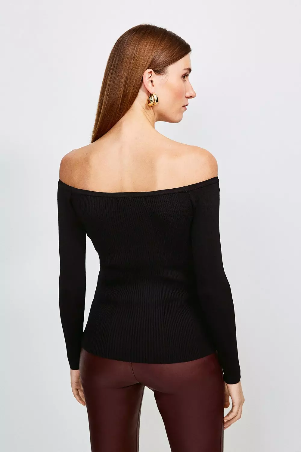 Long Sleeve Knitted Rib Off The Shoulder Top | Karen Millen