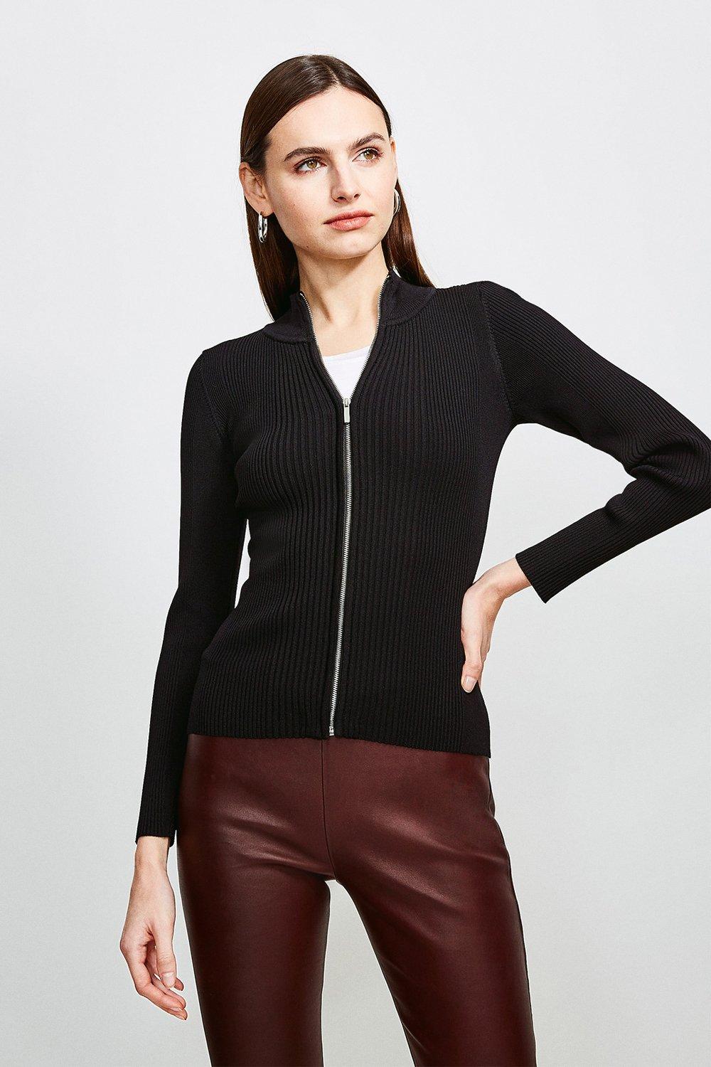 Funnel Neck Knitted Rib Zip Through Cardigan