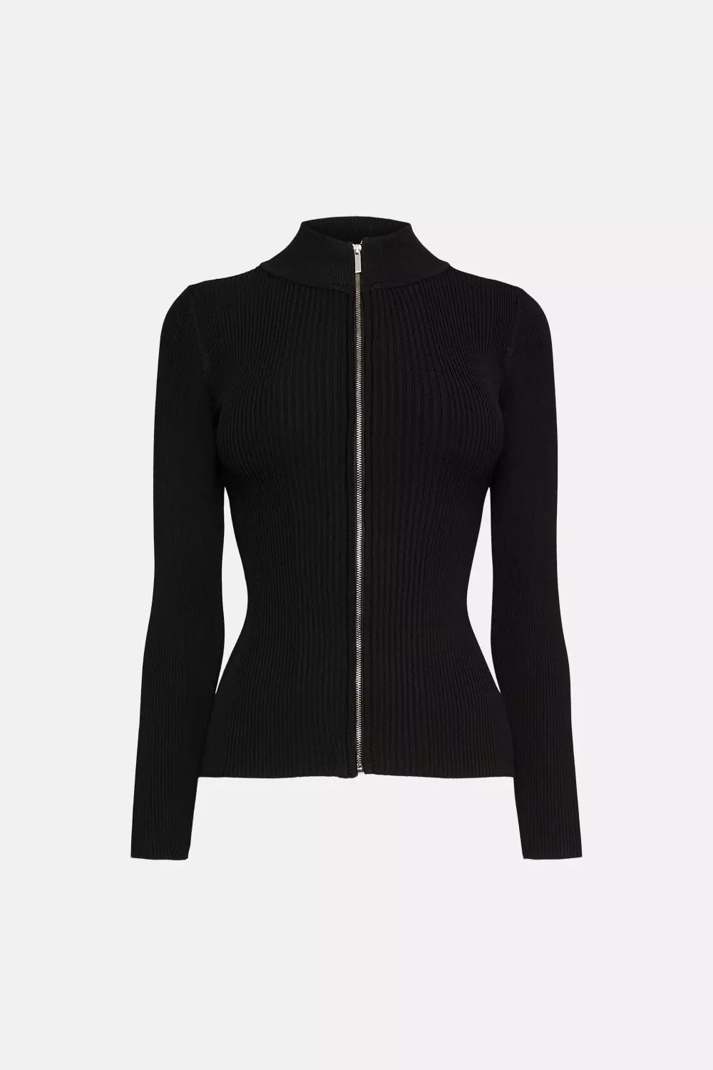 Funnel Neck Knitted Rib Zip Through Cardigan