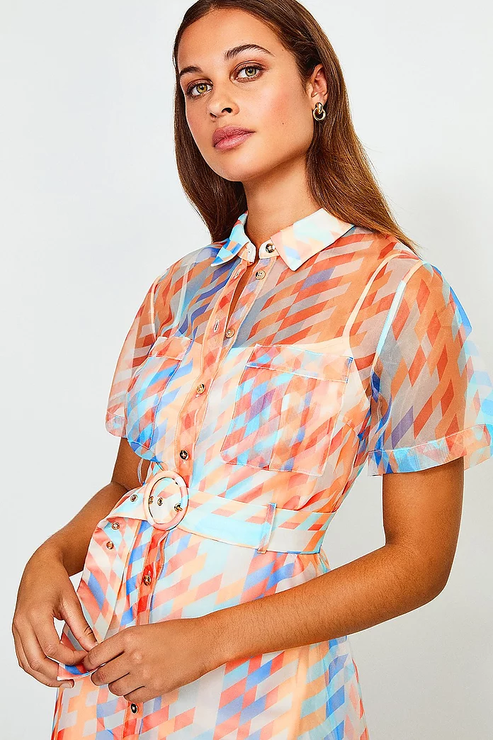 Geo Print Organza Shirt Dress