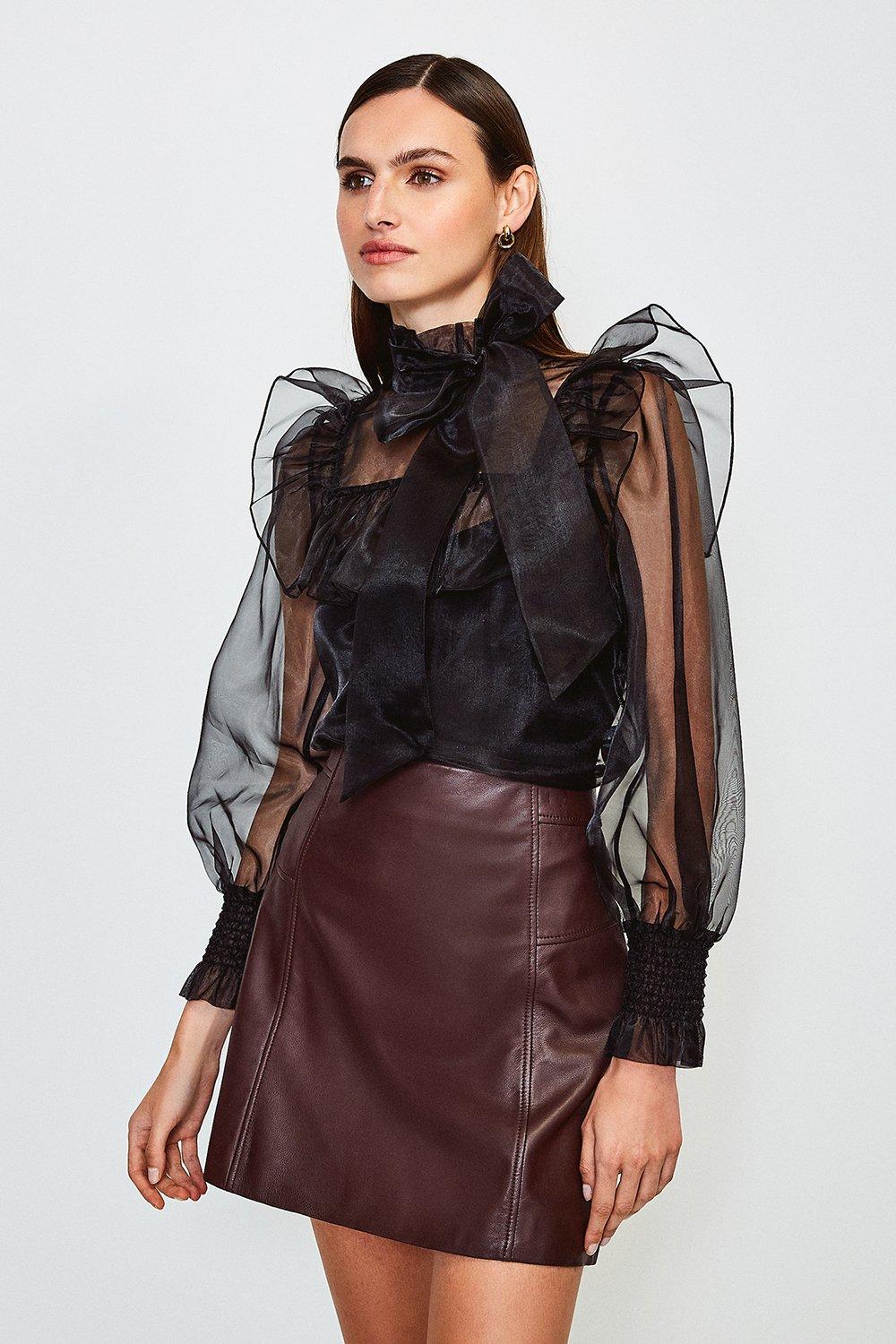 Long Sleeve Bow Neck Organza Blouse | Karen Millen