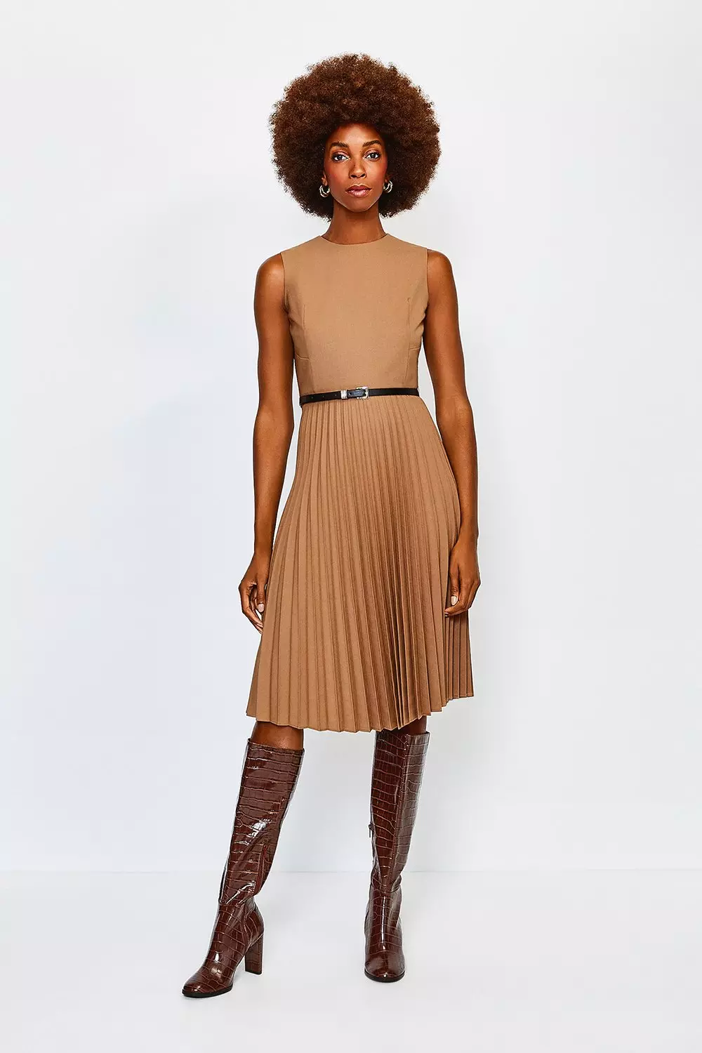 Polished Stretch Wool Blend Pleated Midi Dress | Karen Millen