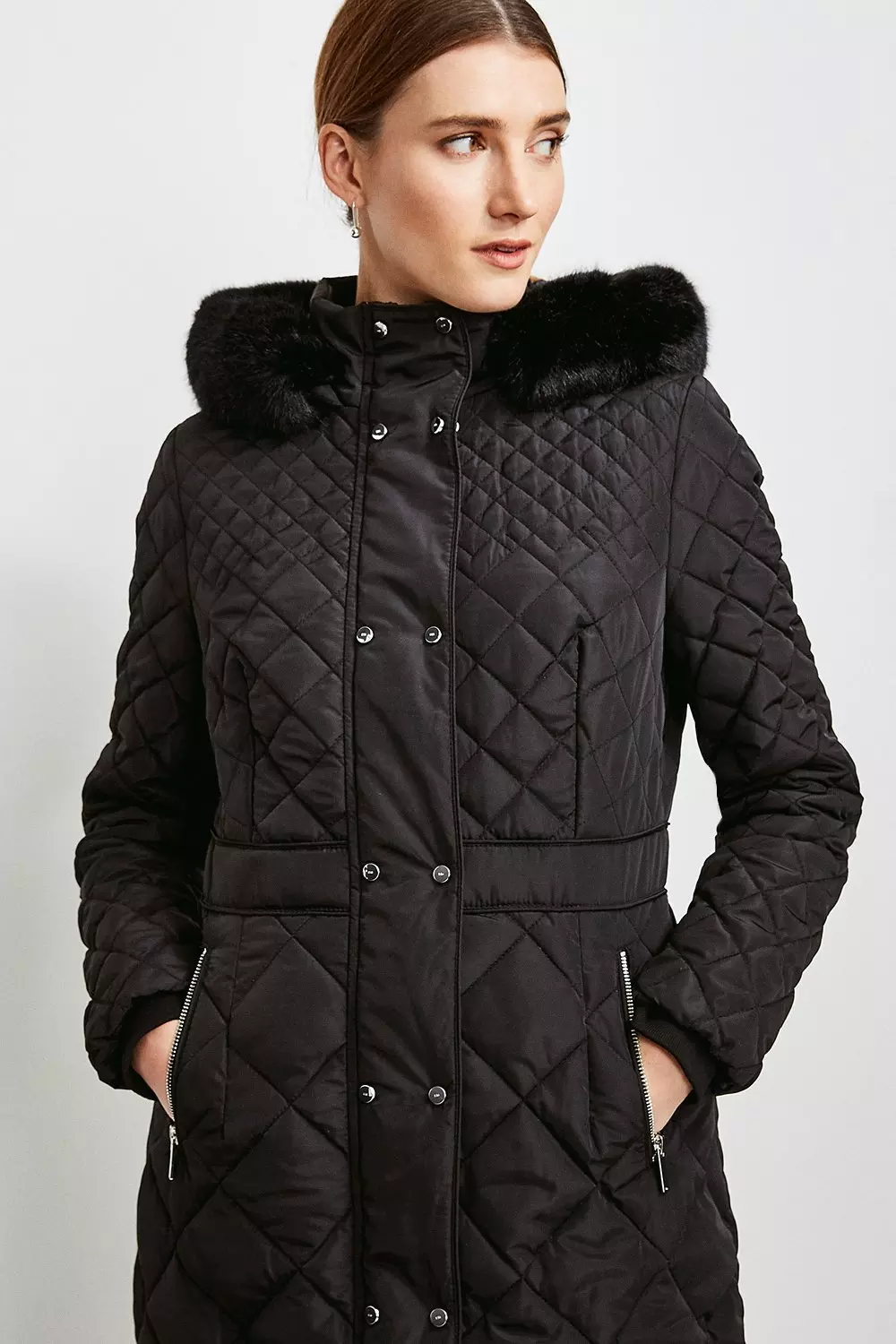 Long Quilted Faux Fur Trimmed Hood Coat Karen Millen