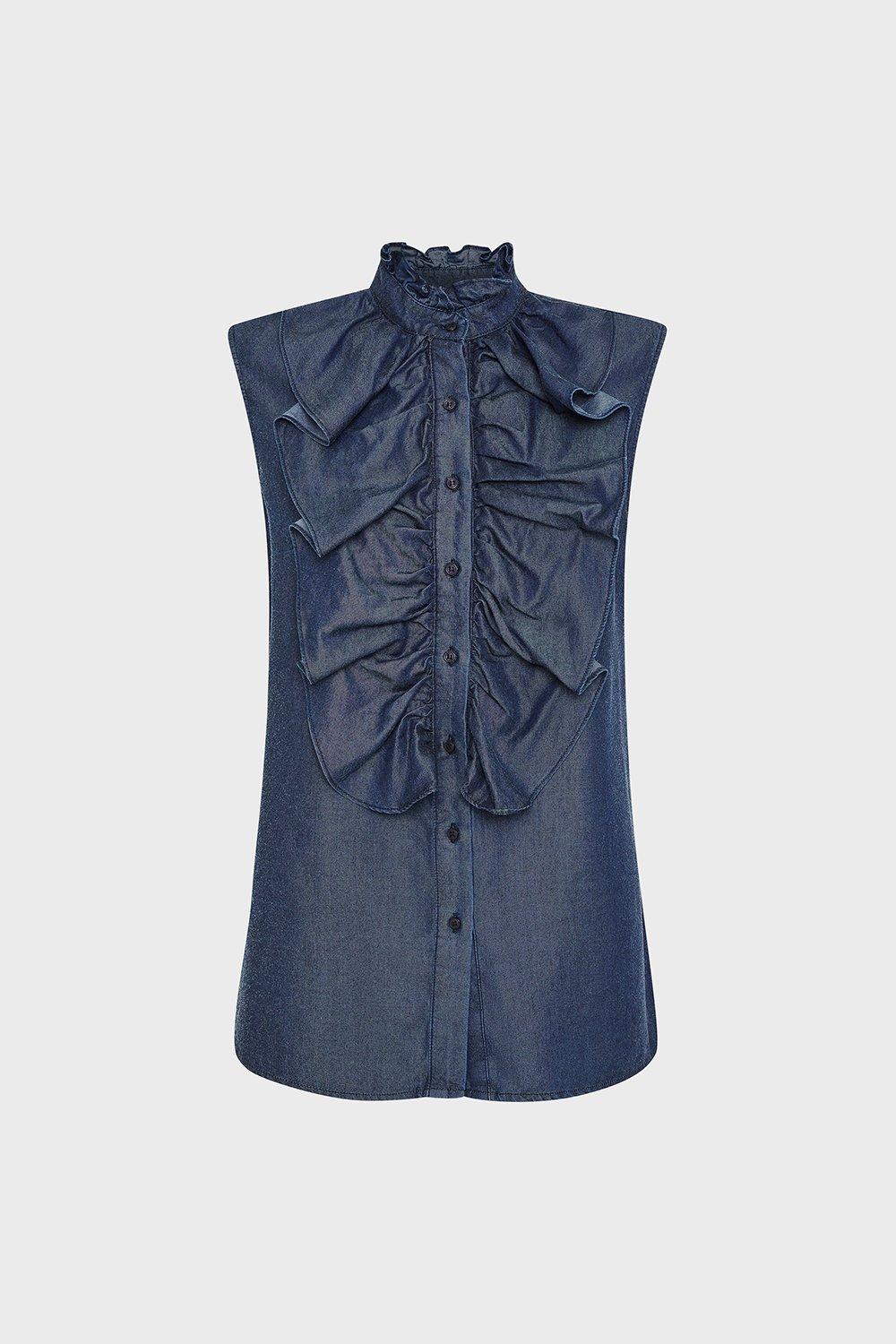 sleeveless ruffle front blouse