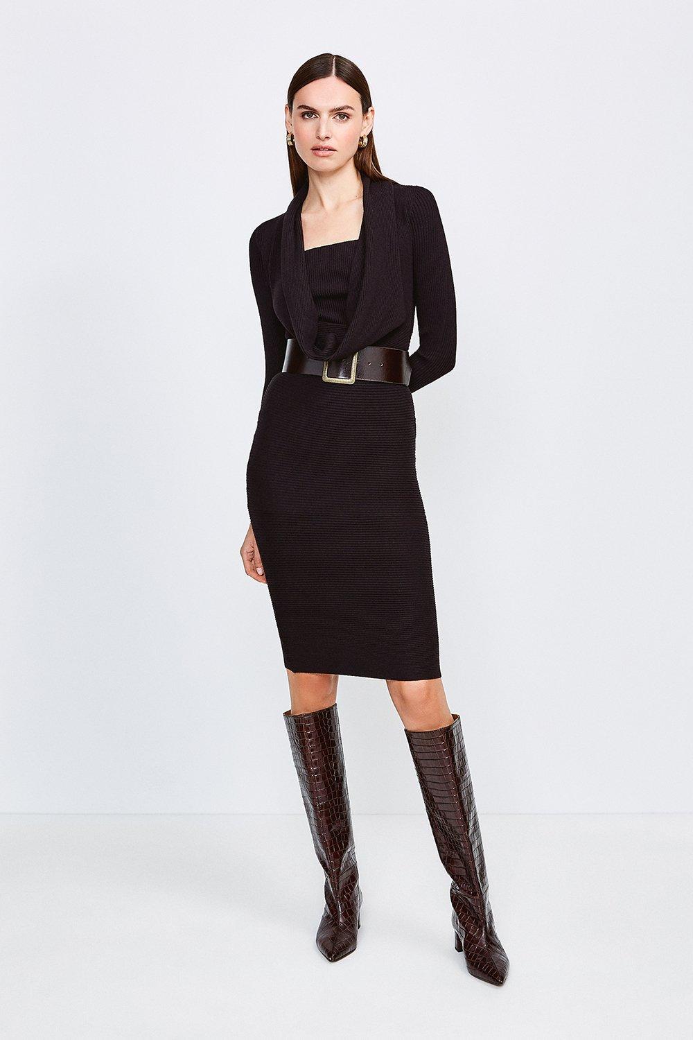 Cowl Neck Rib Knitted Dress | Karen Millen