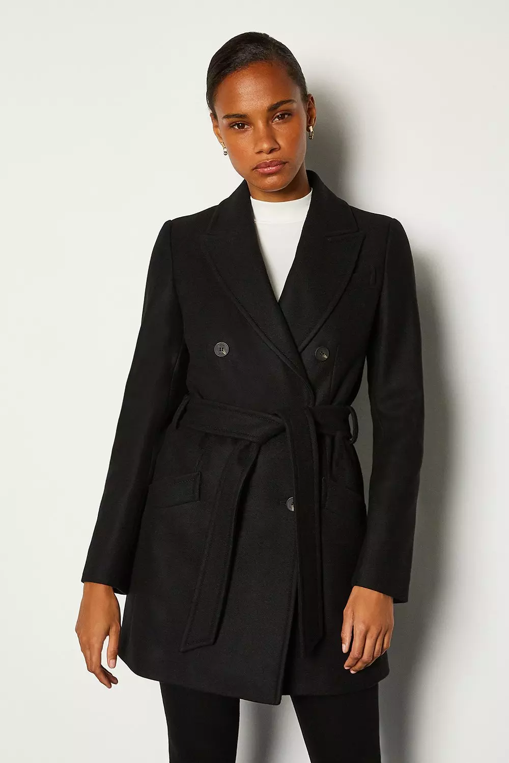 Black coat hot sale with tie belt