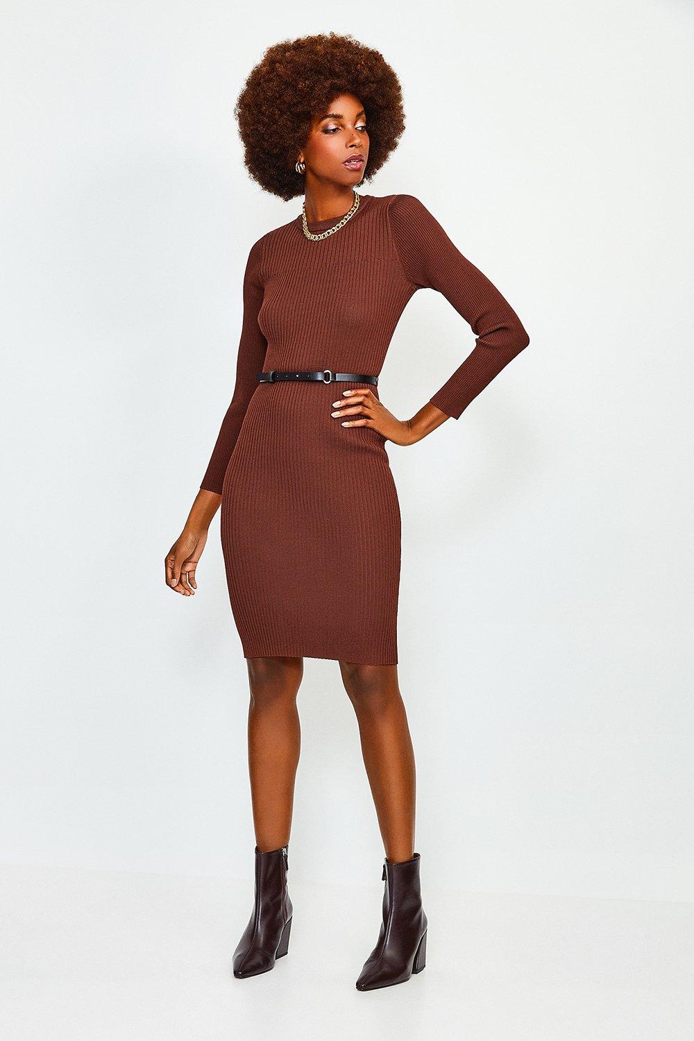 Knitted Rib Dress With Skinny Belt Karen Millen