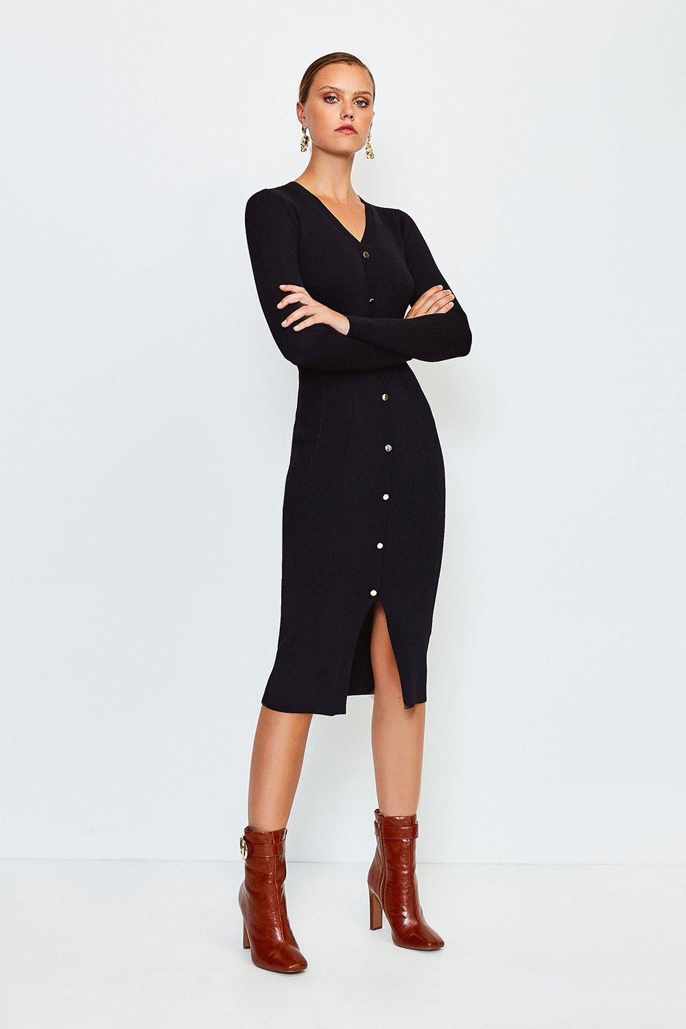 Button Detail Knitted Rib Dress | Karen Millen