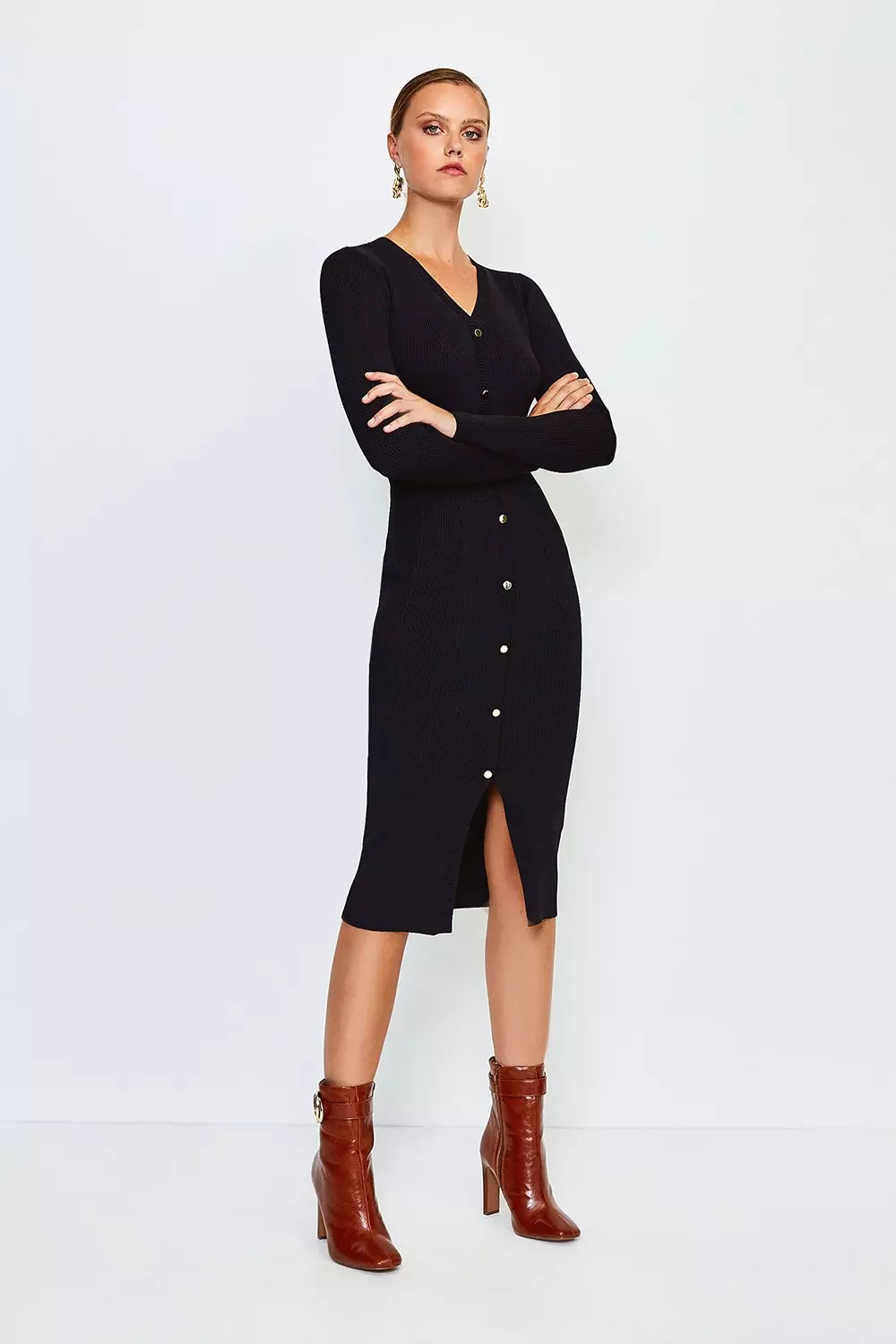 Side Button Knitted Dress - Navy