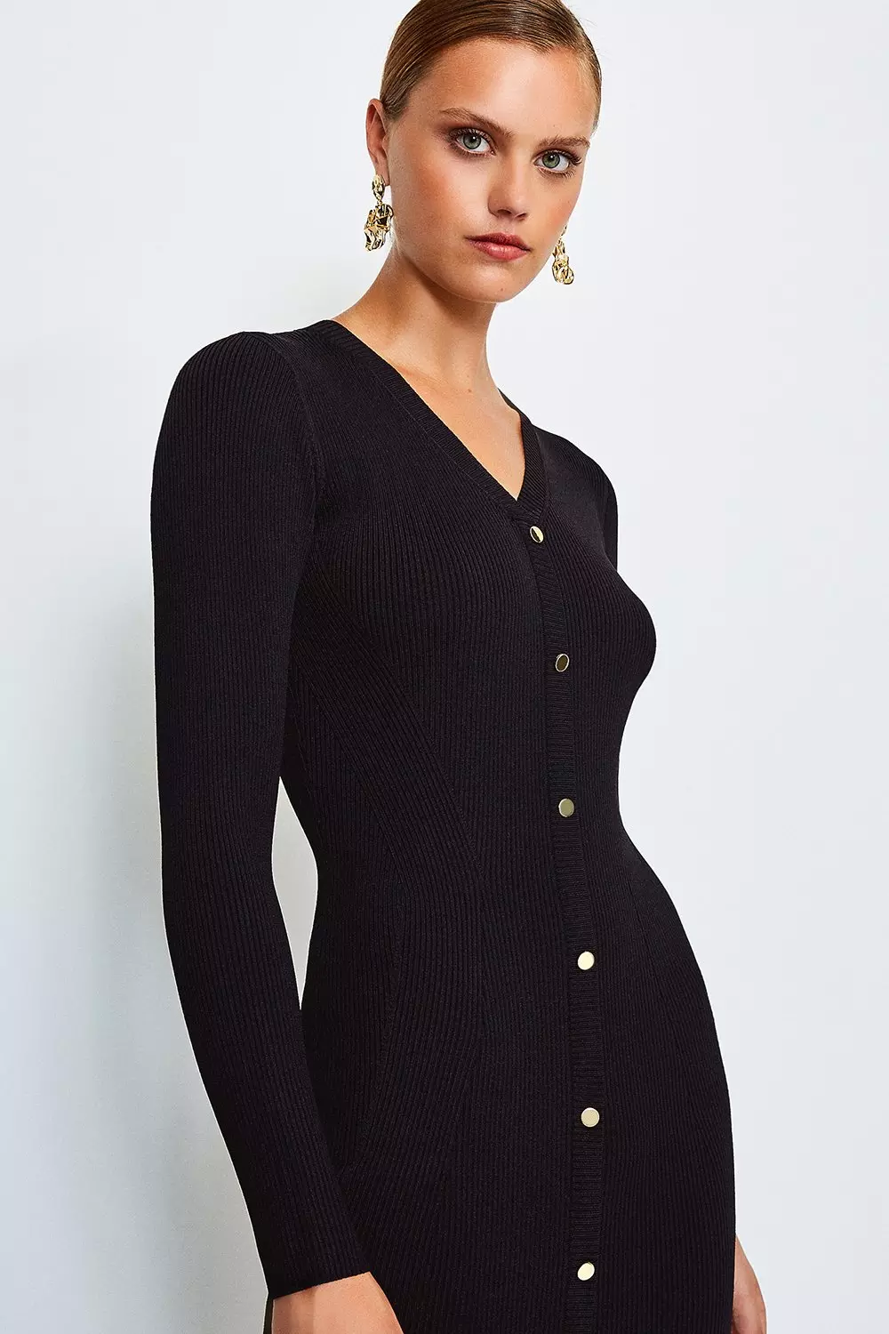 Black ribbed button store dress