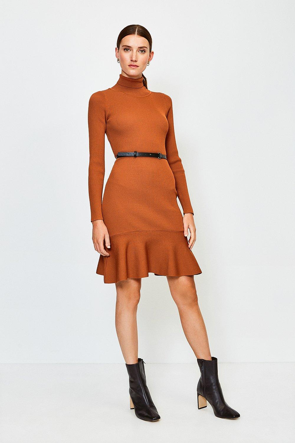 Knitted Turtleneck Belted Flippy Hem Dress | Karen Millen