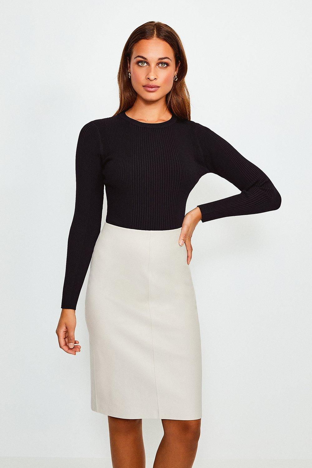 Knitted Rib Long Sleeve Crew Neck Top | Karen Millen