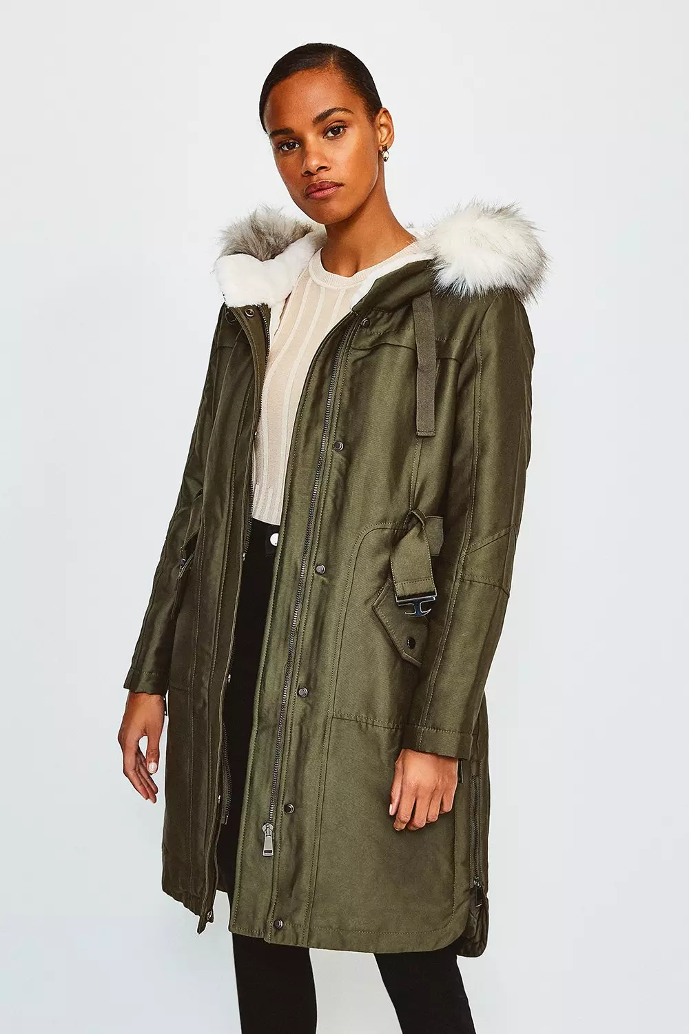 Green coat 2025 with fur trim