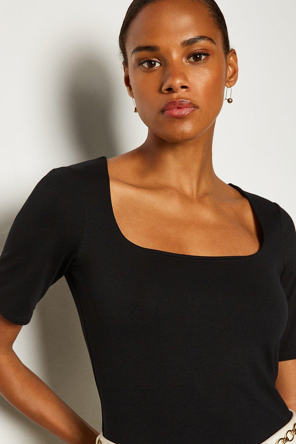 Viscose Square Neck Short Sleeve Top | Karen Millen