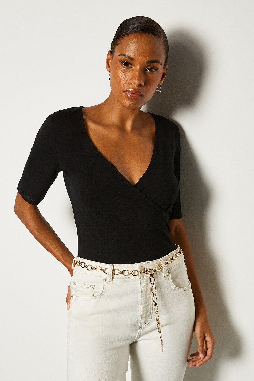 short sleeve black wrap top