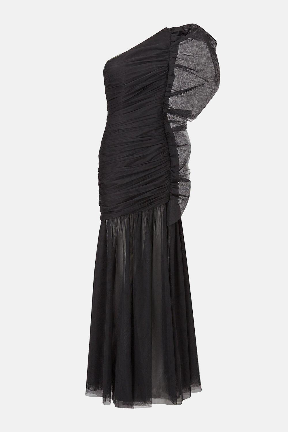 one shoulder ruched maxi dress