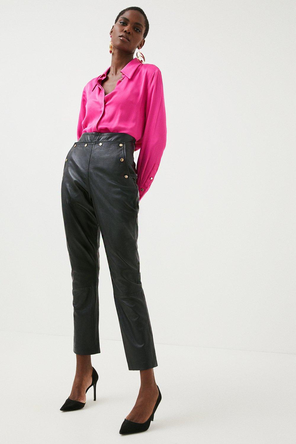 black faux leather paperbag trousers