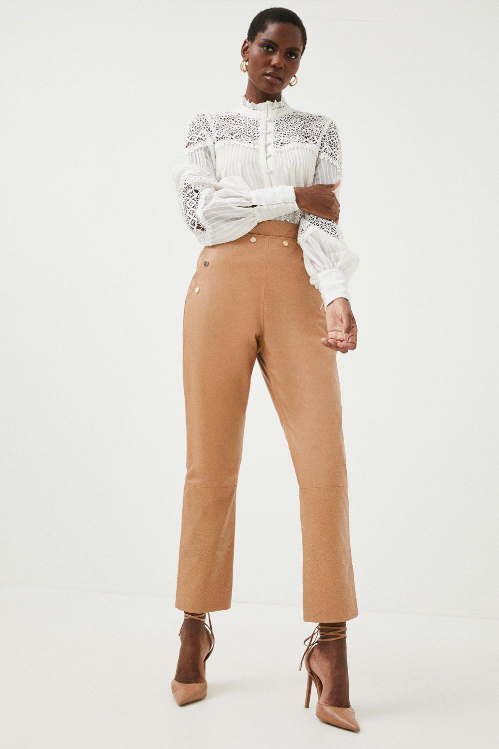 Petite Leather Button Detail Pants | Karen Millen