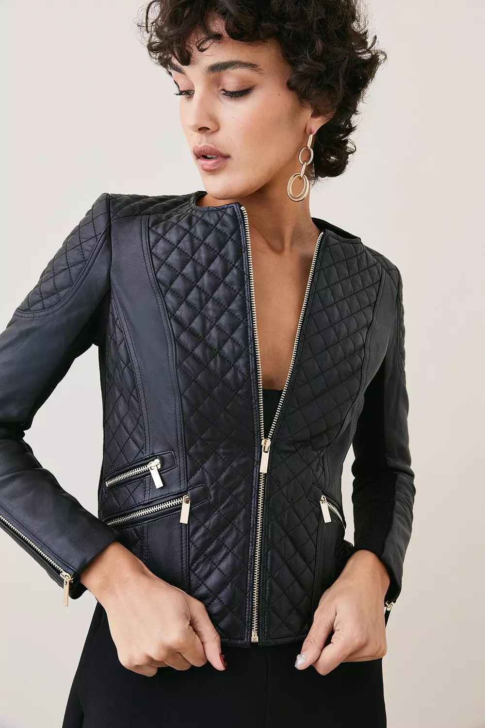 Leather Quilted Moto Jacket Karen Millen